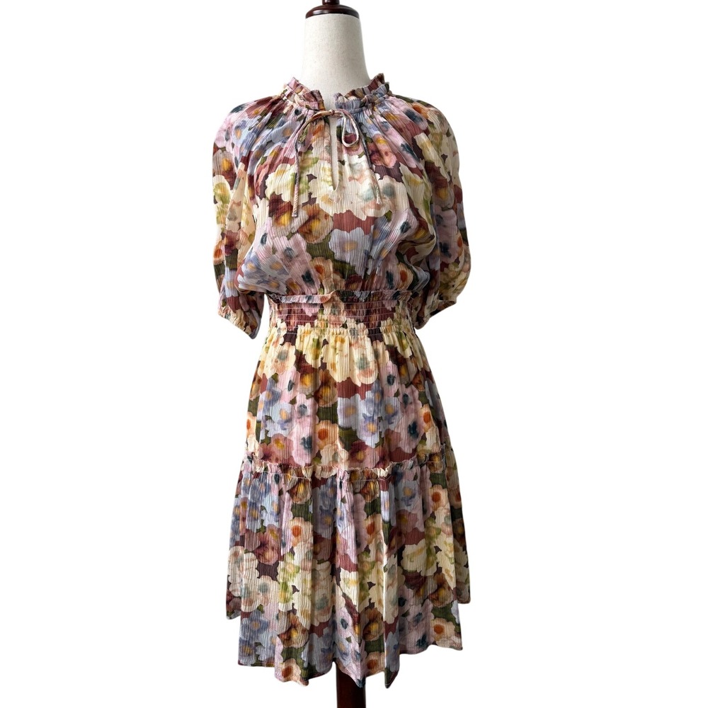 Rails XS Dress Floral Watercolor Print Mini Tiered Ruffle Neck Smocked Waist